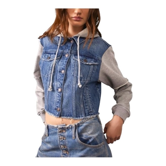 We The Free Jackets & Blazers - We The Free Throwback Blue Denim & Knit Raw Hem Jacket/Hoodie